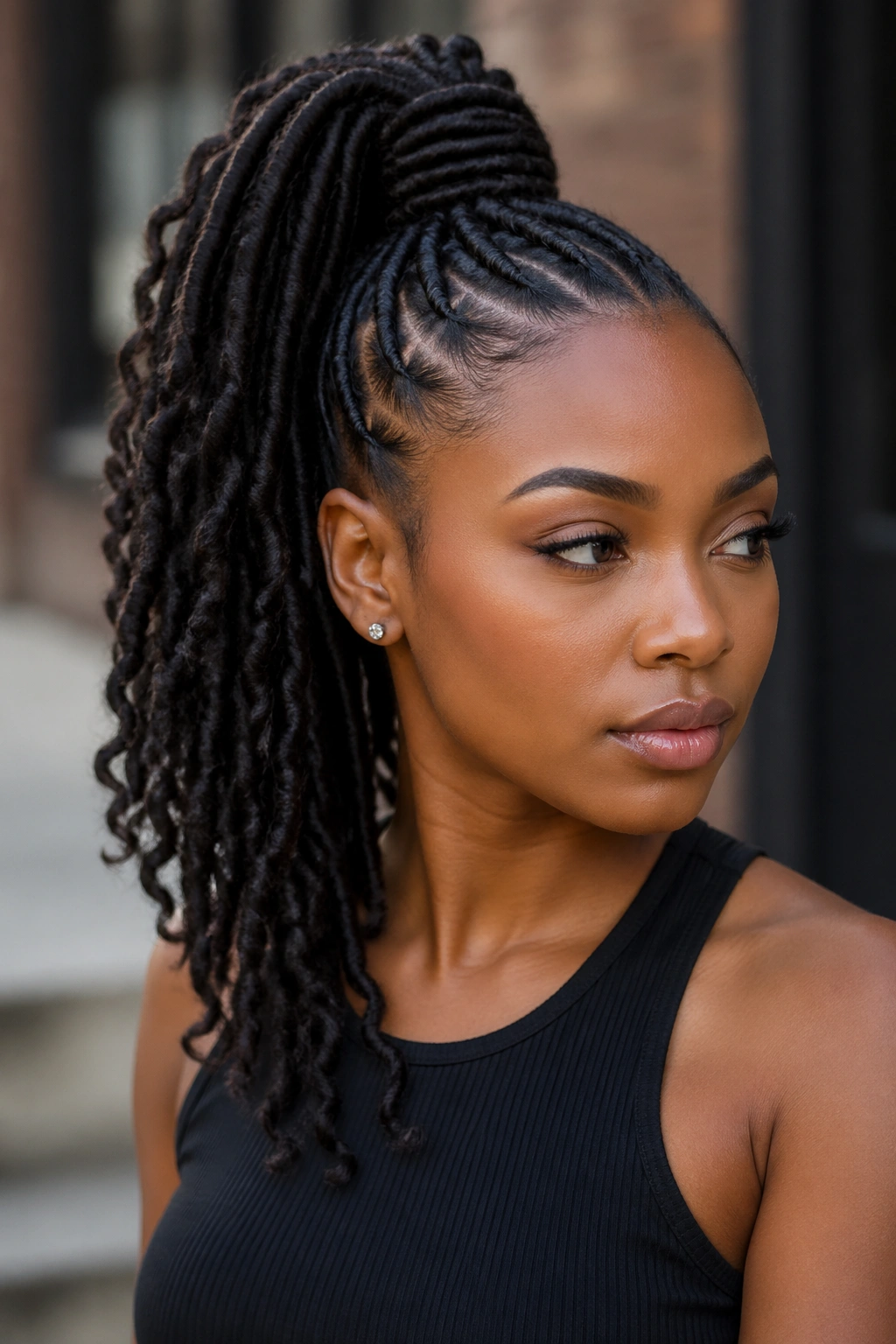 Real woman with faux loc twist ponytail featuring loc-like texture.