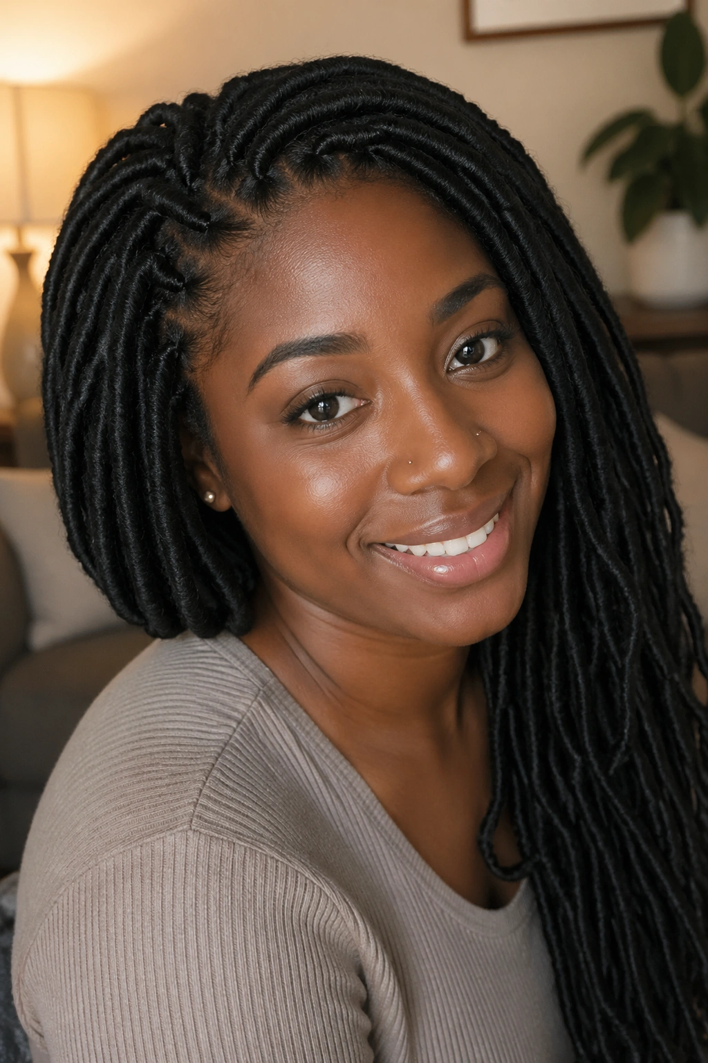 Close-up of real woman with crochet faux locs