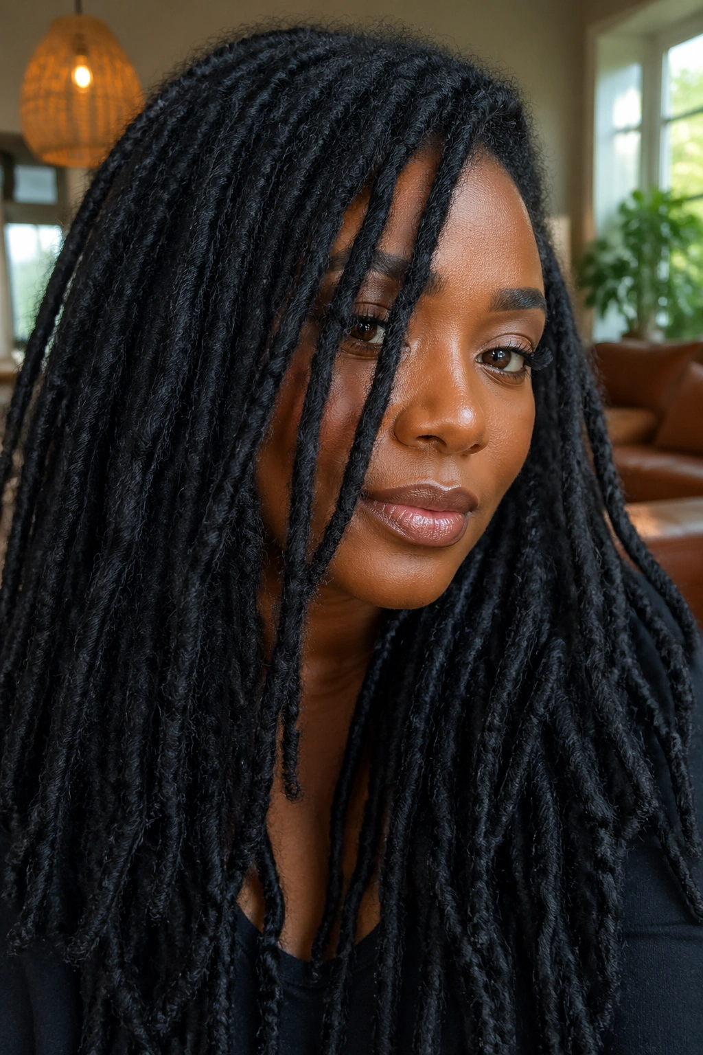 Close-up of a real woman with distressed kinky faux locs dominating the frame