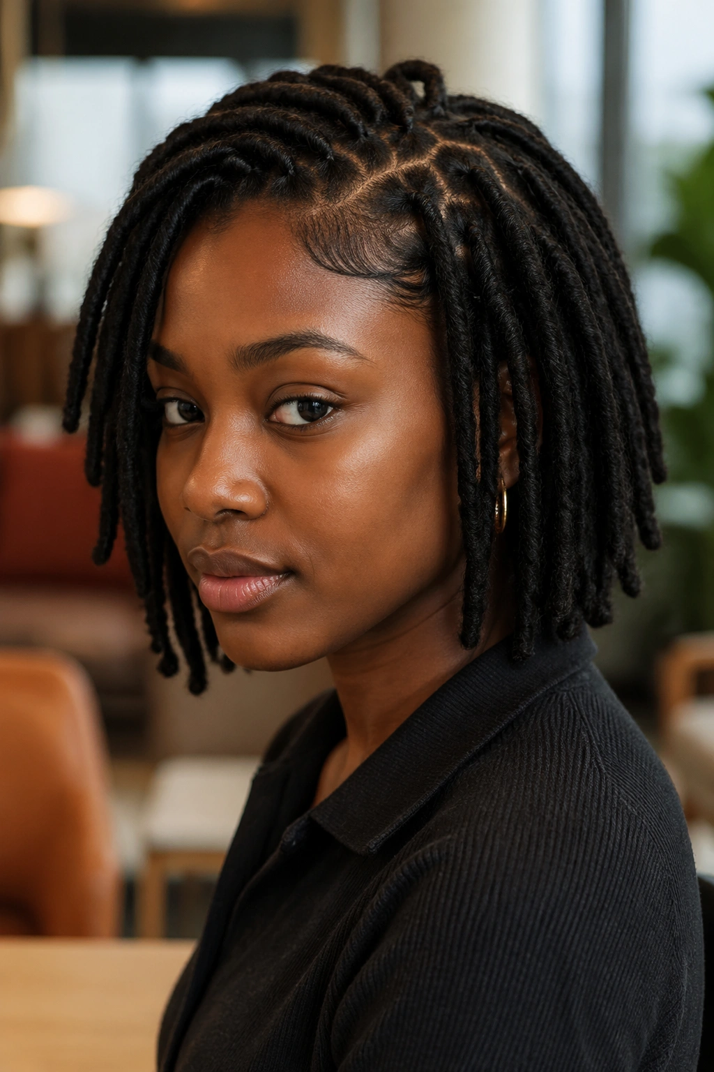 Close-up of a real person with short chunky faux locs from natural hair