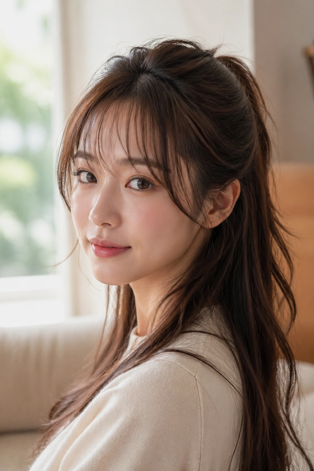 Close-up of a real woman with airy feathered fringe half ponytail in a bright living room