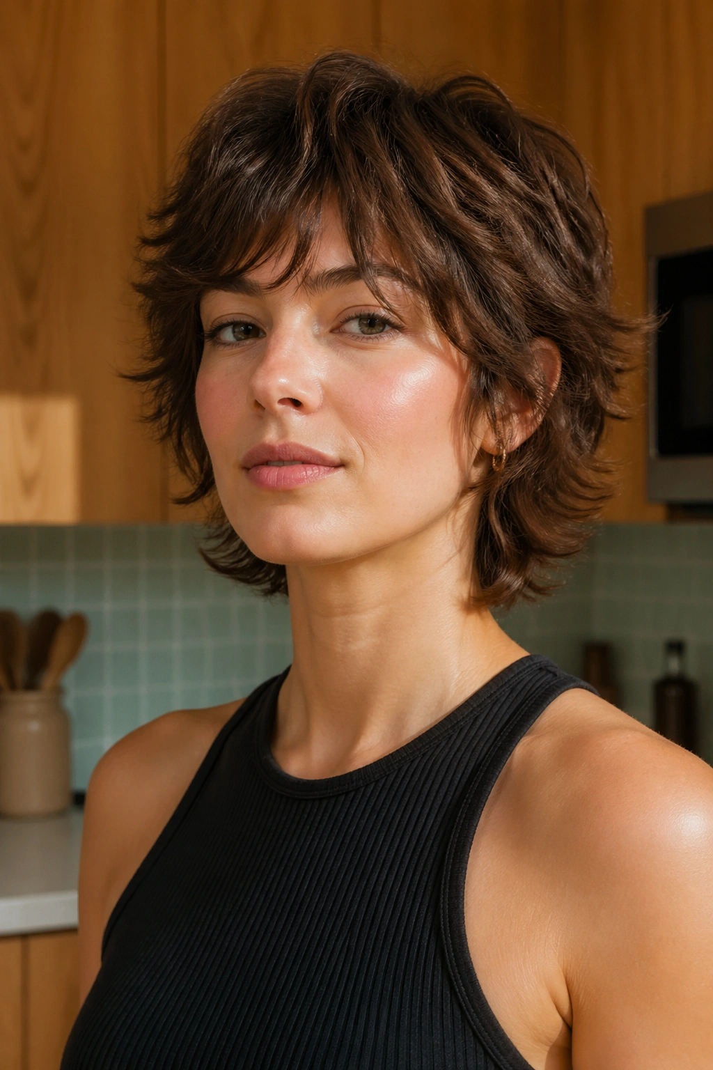 Close-up portrait of a real person with Feathered Short Shag hairstyle in sunny kitchen light