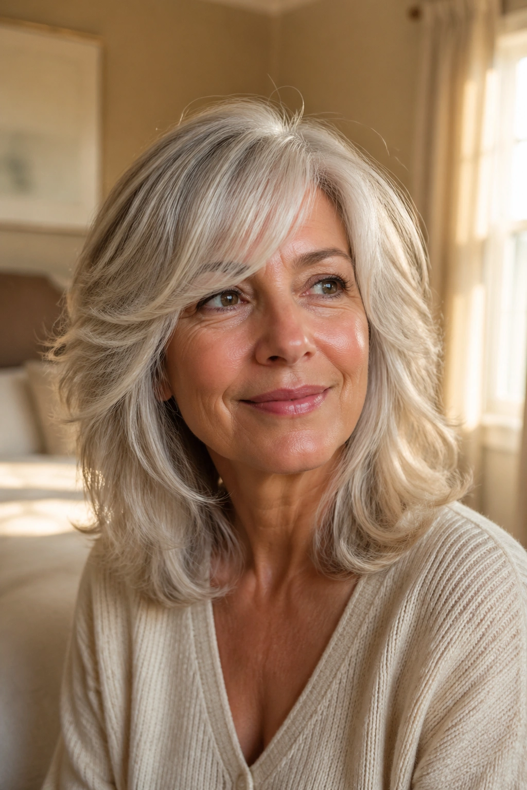 Close-up of a real woman with a feathered shoulder-length hairstyle in warm window light