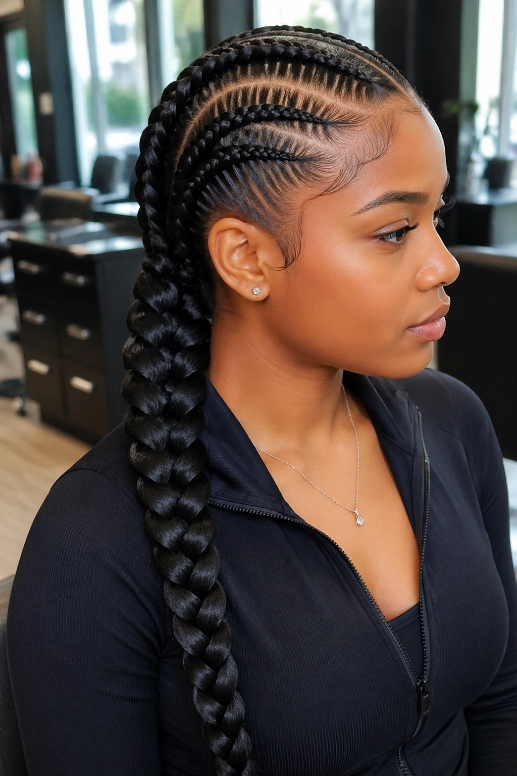 Close-up of a real woman with a feed-in braided ponytail and thick plait