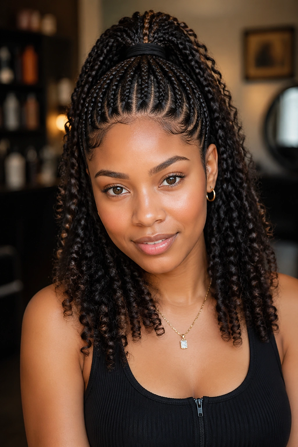 Real person with feed-in braids transitioning to curl ends in a ponytail.