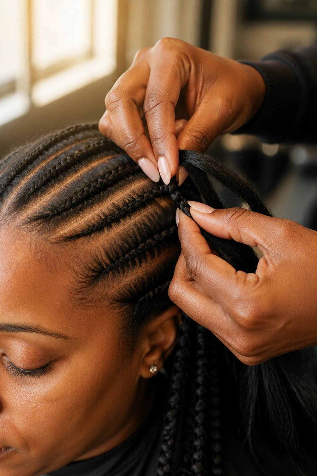 Close-up of hands weaving feed-in braids on a real person in a salon