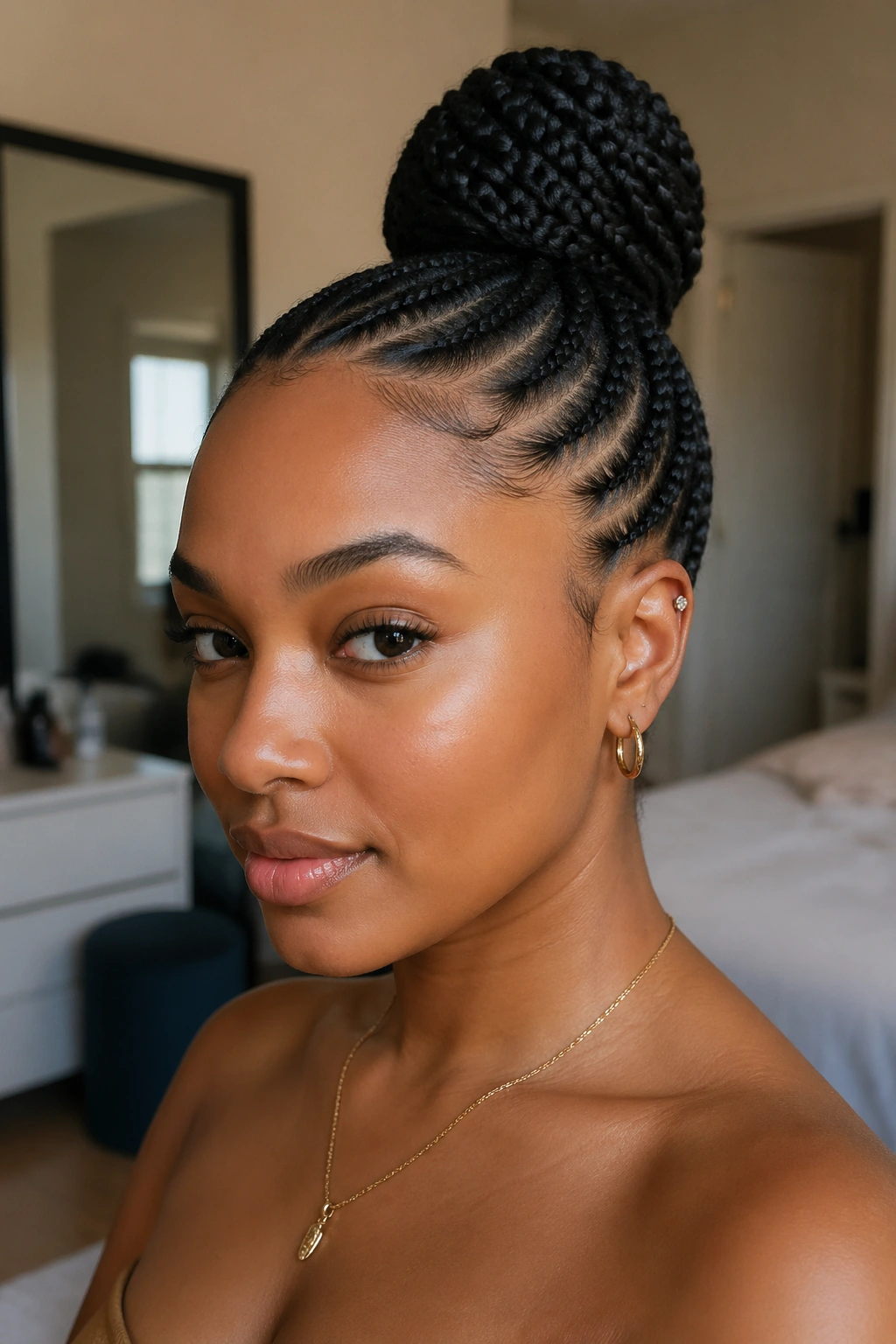 Close-up portrait of a real woman with feed-in cornrows forming a smooth bun base
