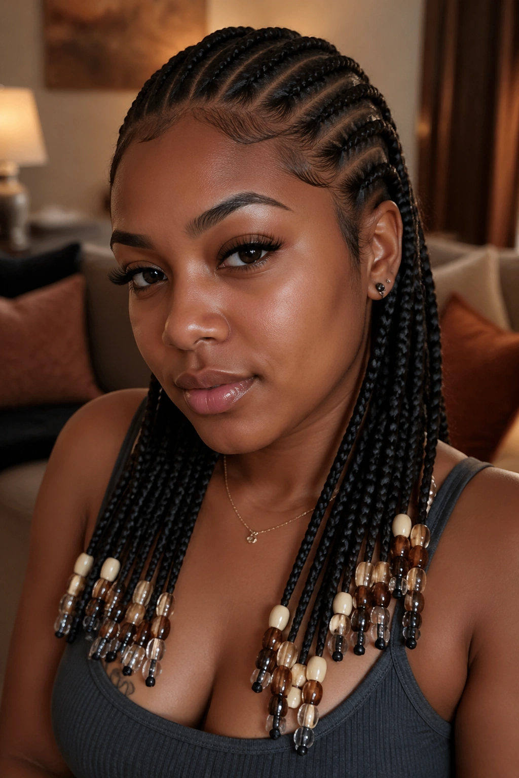 Close-up of a woman with beaded feed-in cornrows at the ends in a warm living room