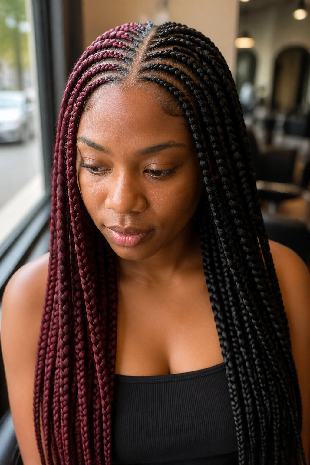 Close-up of a real woman with color-block feed-in cornrows in natural and contrasting colors.