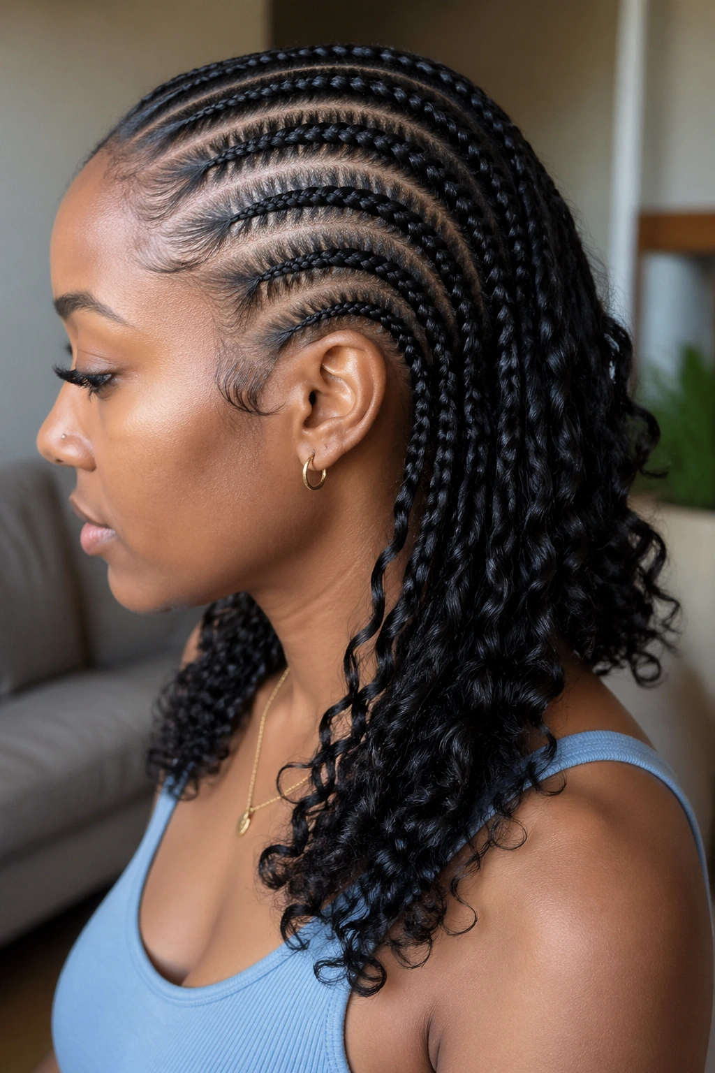 Real person with feed-in cornrows and crochet ends