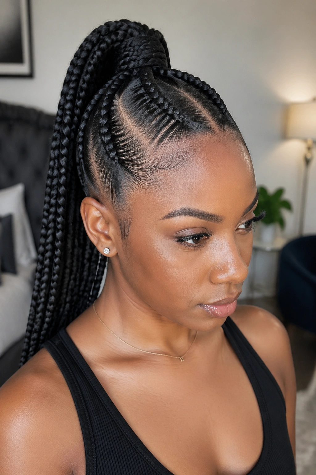 Real woman with sleek feed-in cornrows forming a high ponytail