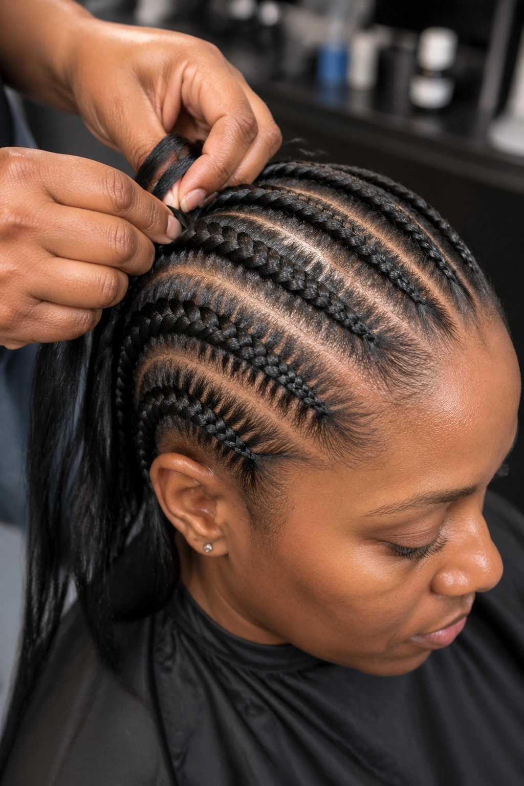 Close-up of head during feed-in cornrow installation with extensions being added
