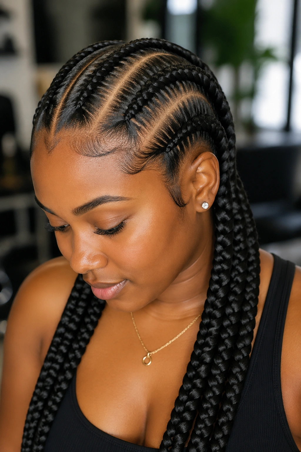Close-up of a real woman with four jumbo feed-in cornrows in a salon setting