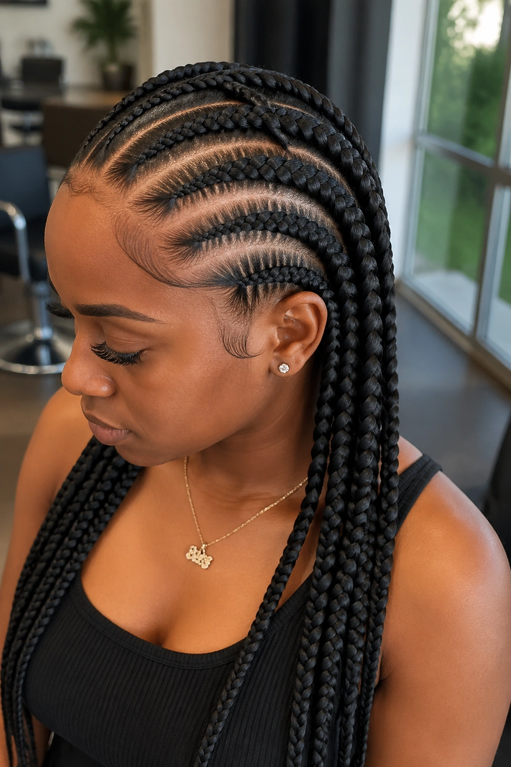 Close-up portrait of a real person with eight feed-in cornrows and kanekalon extensions