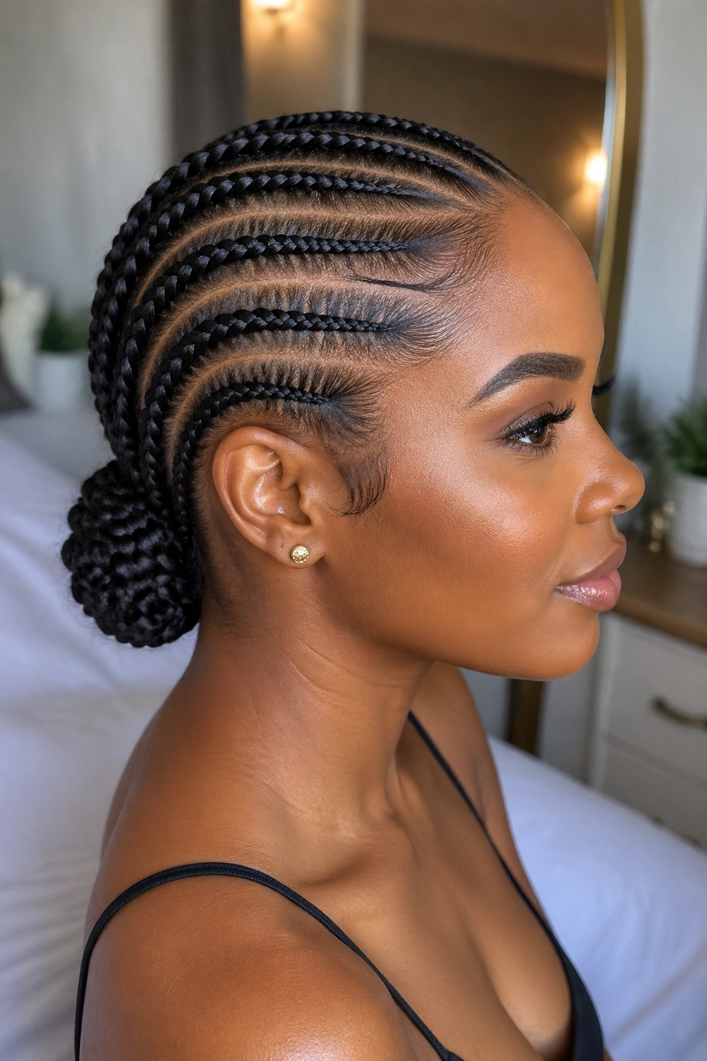 Close-up of a real woman with feed-in cornrows tied into a low bun at the nape