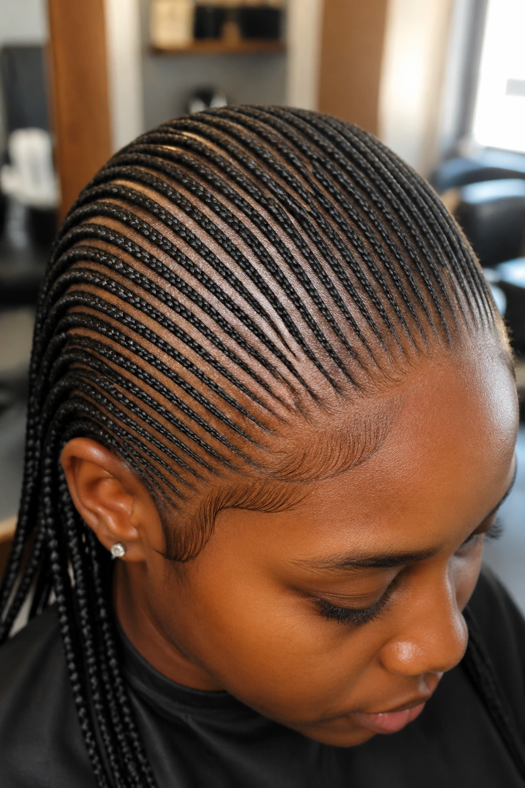 Close-up of a real person's scalp with dozens of ultra-thin feed-in cornrows showing natural hairline