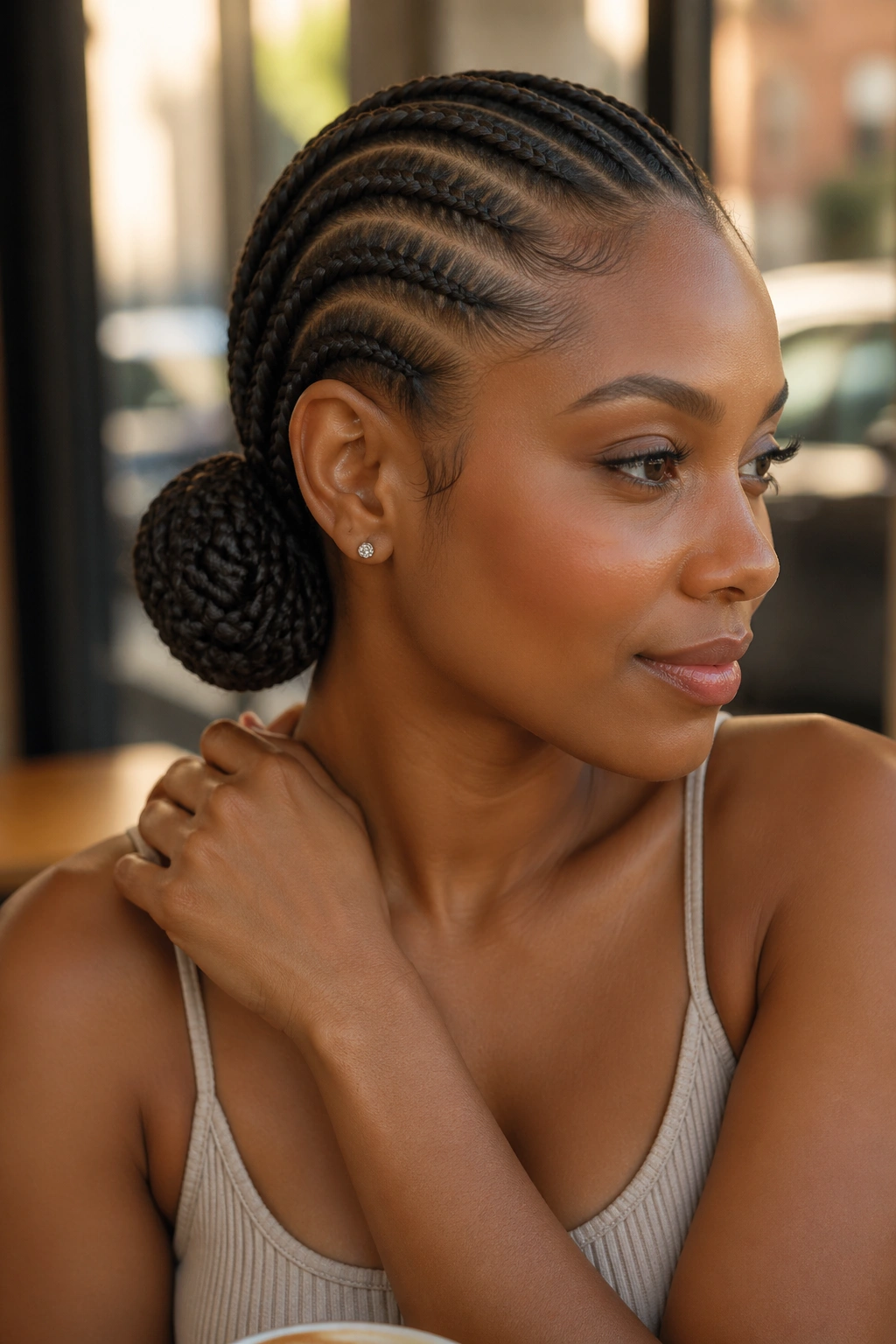 Portrait of a woman with feed-in cornrows forming a side bun behind the ear.