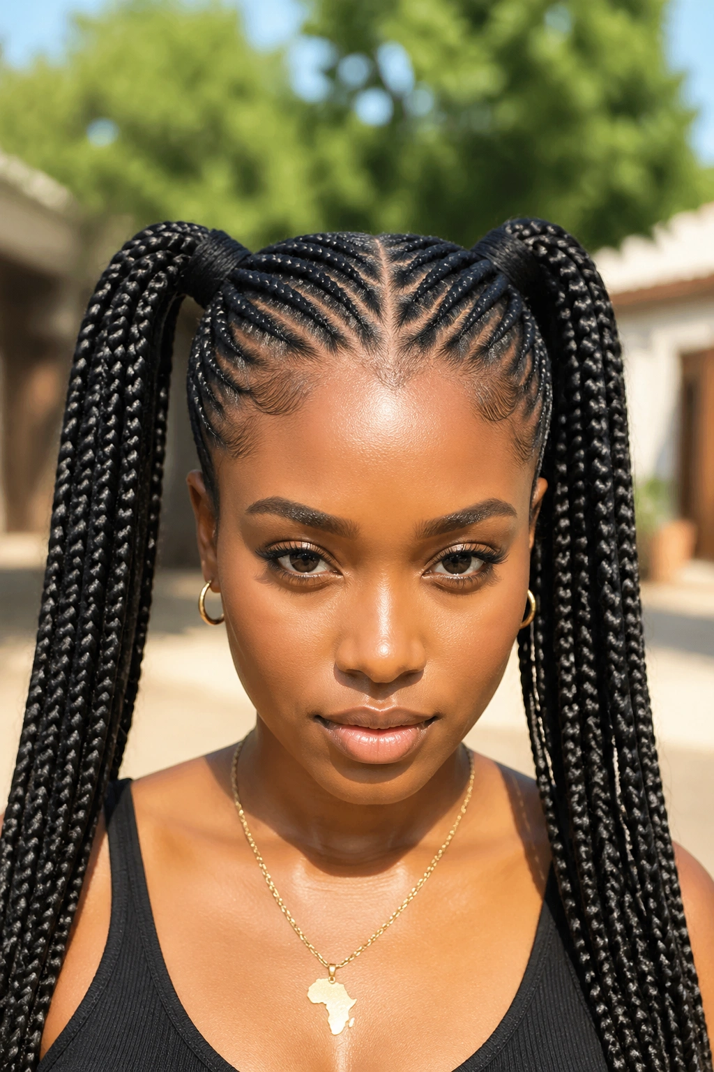 Portrait of a person with two ponytails formed from feed-in cornrows