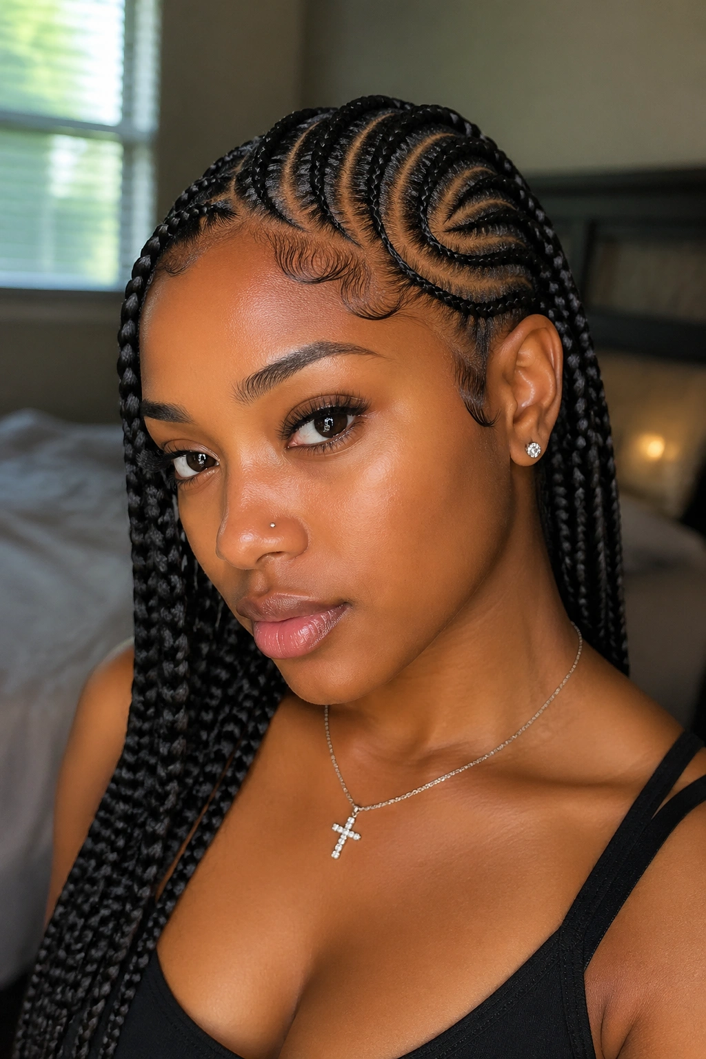 Close-up of a woman with curved feed-in cornrows framing her face in soft window light