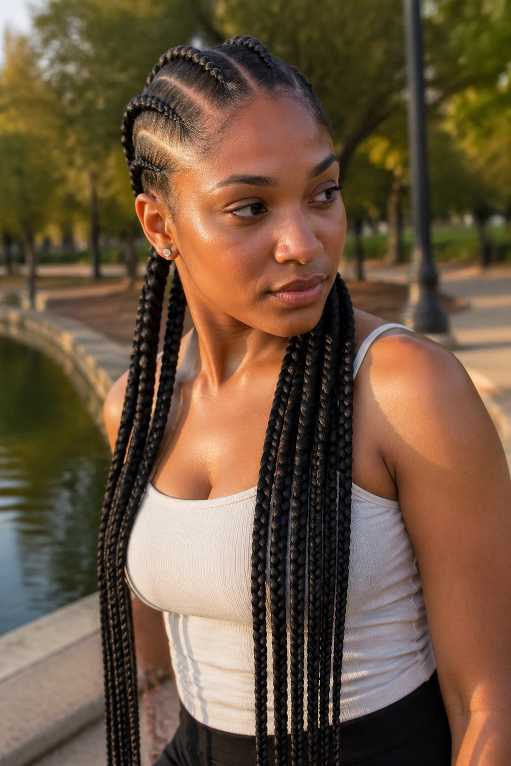 Real woman with five straight backs featuring long feed-in extensions