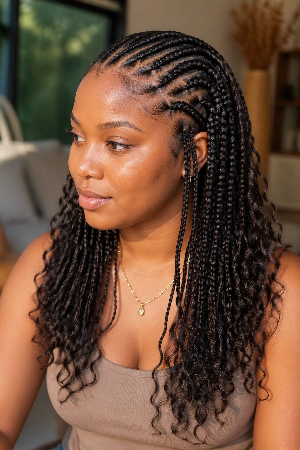 Close-up of feed-in knotless cornrows with bohemian box braids and loose curled ends