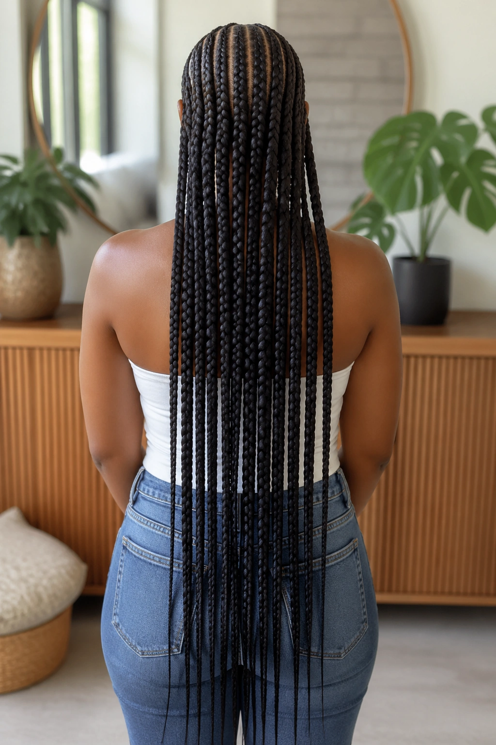 Back view of a real person with waist-length feed-in straight-back cornrows