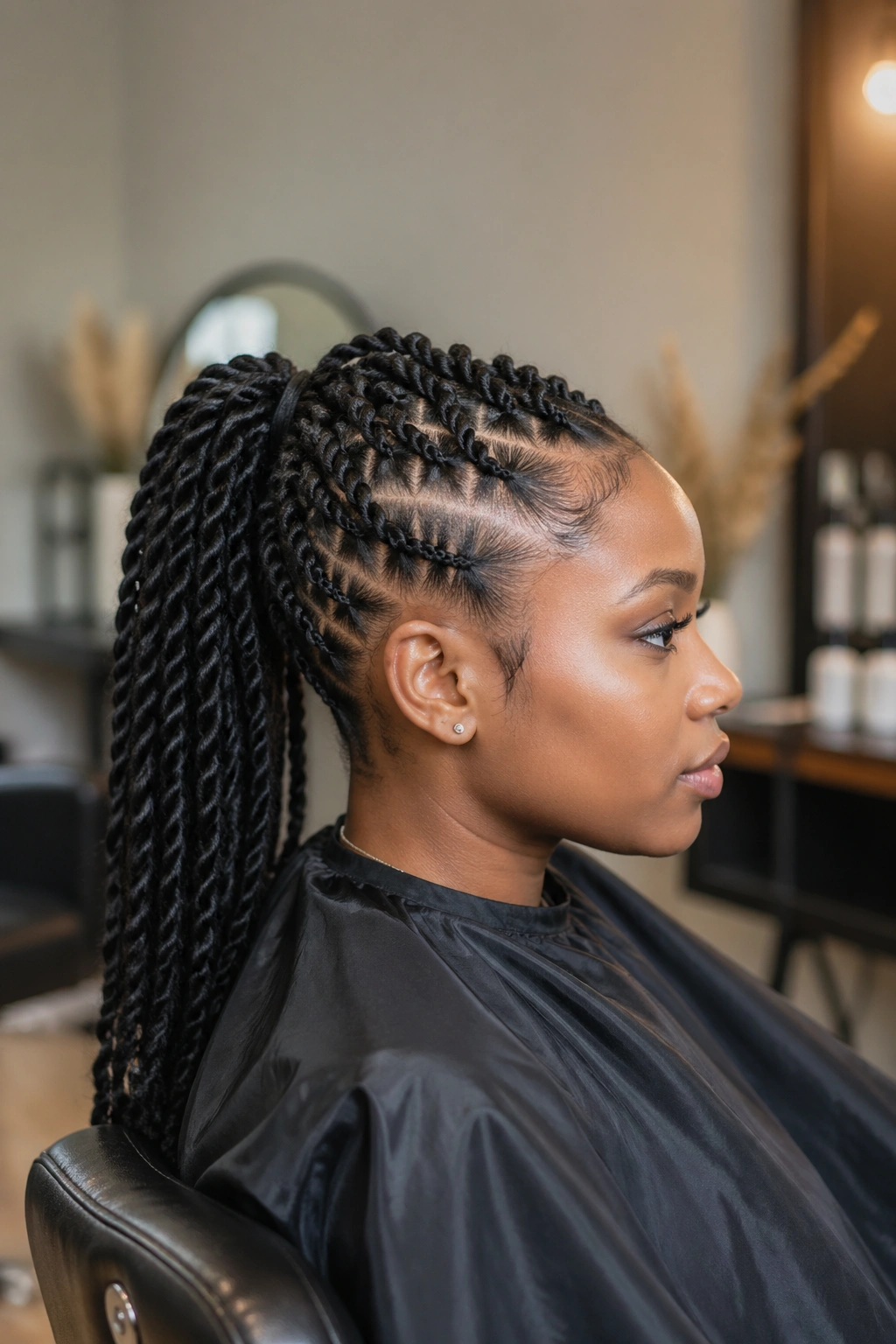 Side profile of a real woman with a feed-in twist ponytail showing neat scalp lines