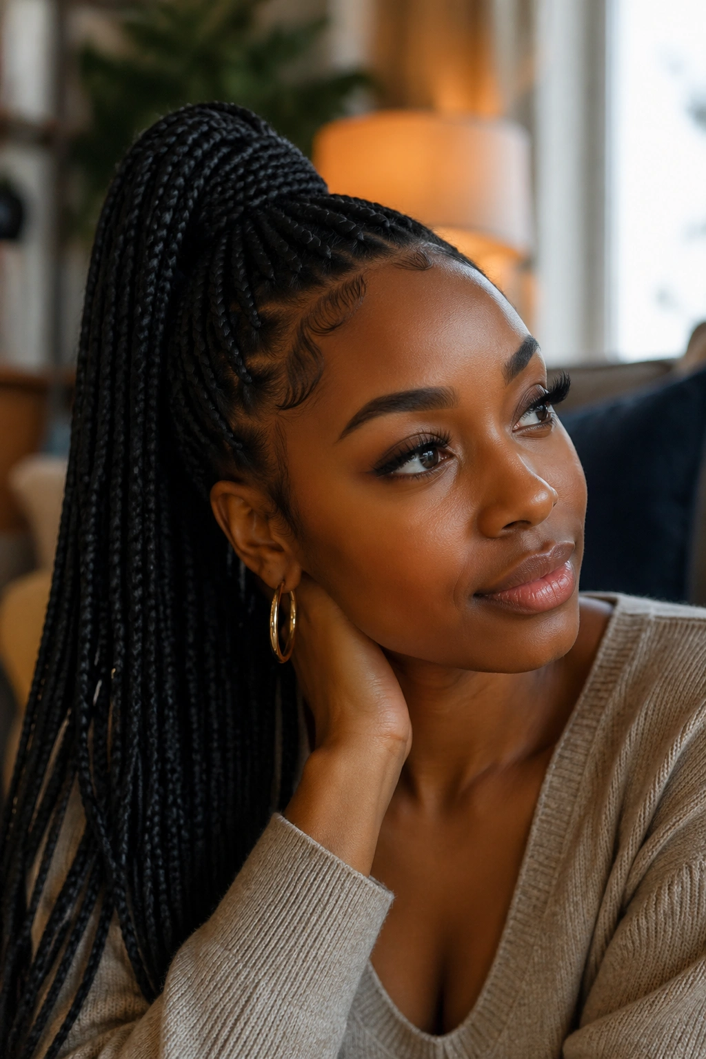 Close-up portrait of a real Black woman with a high braided ponytail in warm natural light