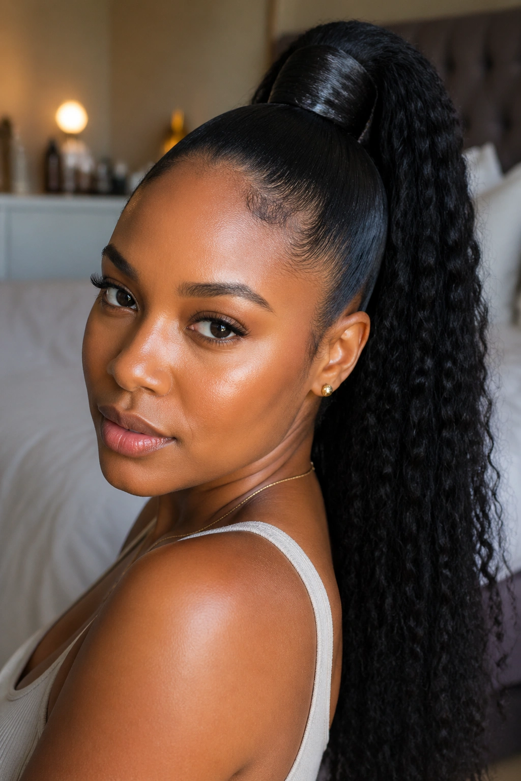 Close-up portrait of a Black woman with a high ponytail in warm natural light