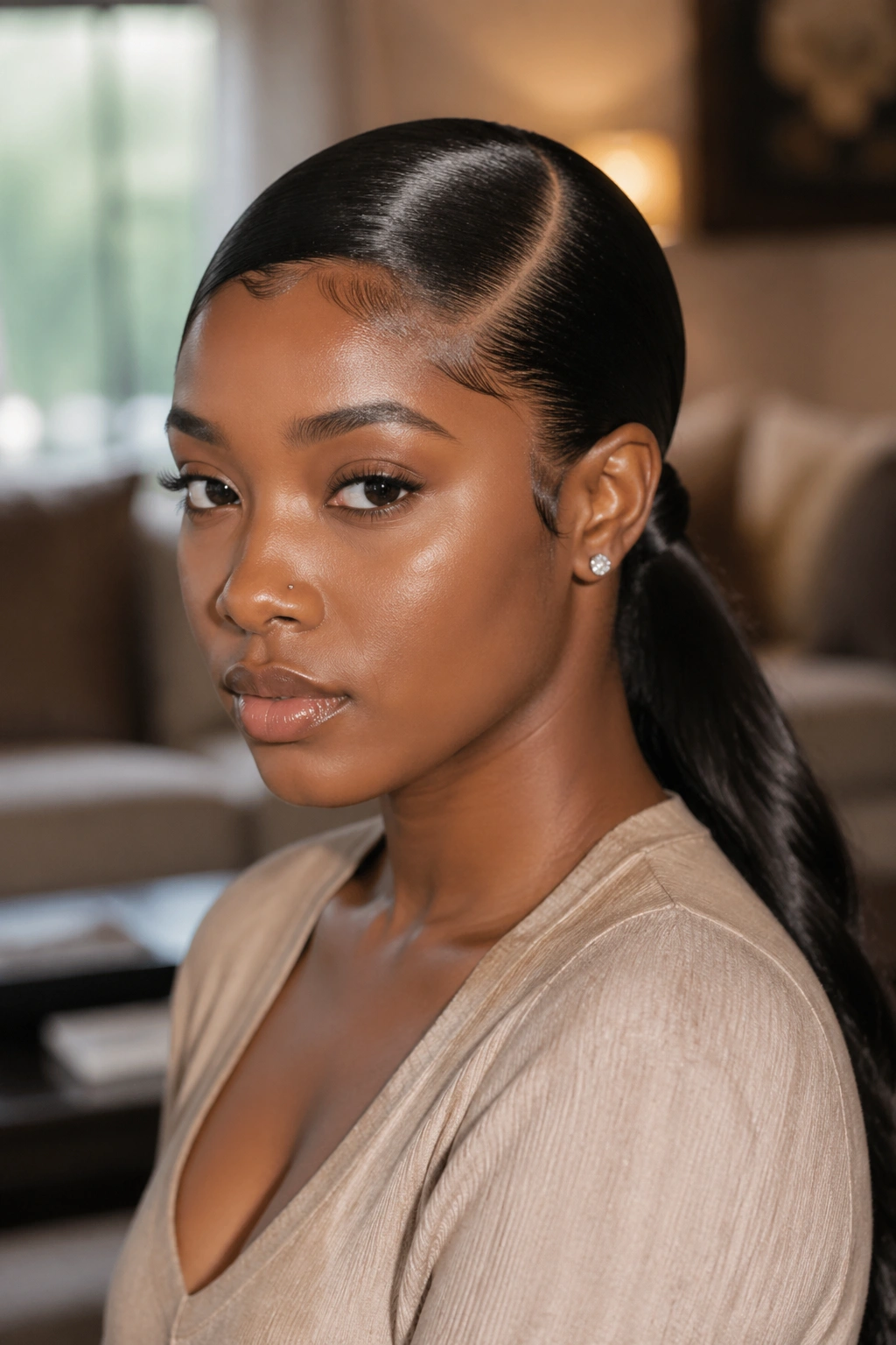 Close-up portrait of a real woman with a sleek side-part ponytail in warm window light