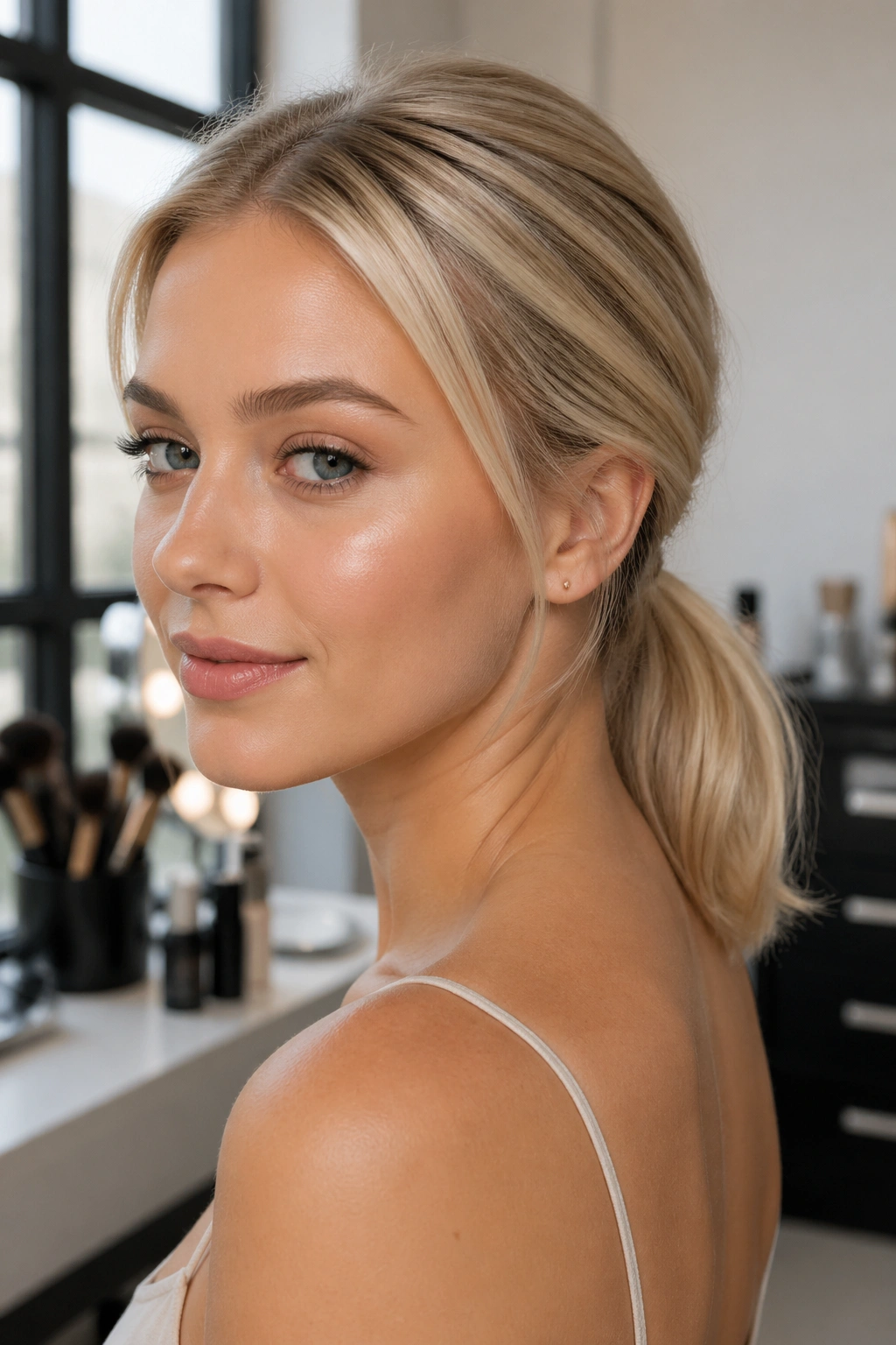 Real woman with fine-hair blonde low ponytail in makeup studio