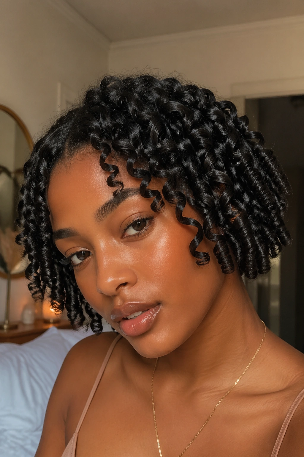 Close-up of a real woman with finger-coiled curls in a bob.