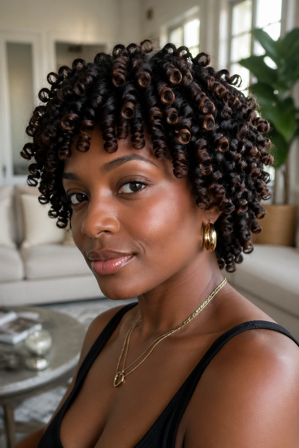 Close-up of a real woman with hundreds of uniform finger coils across the head