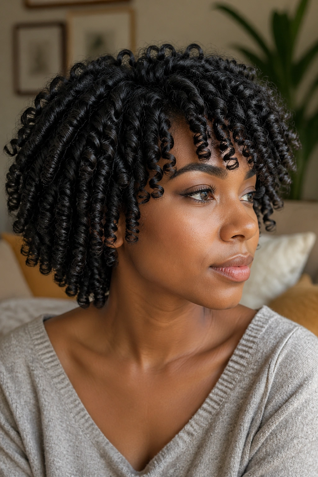 Close-up of a real person with defined finger coils on medium-density hair