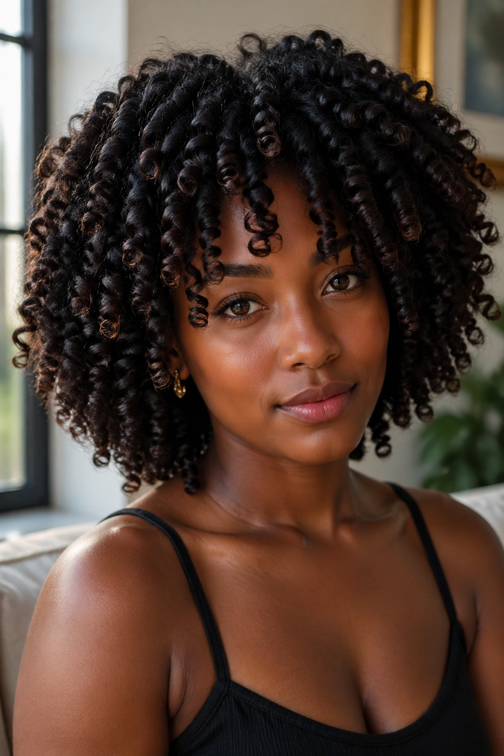 Close-up of a real woman with finger coils and volume separation.