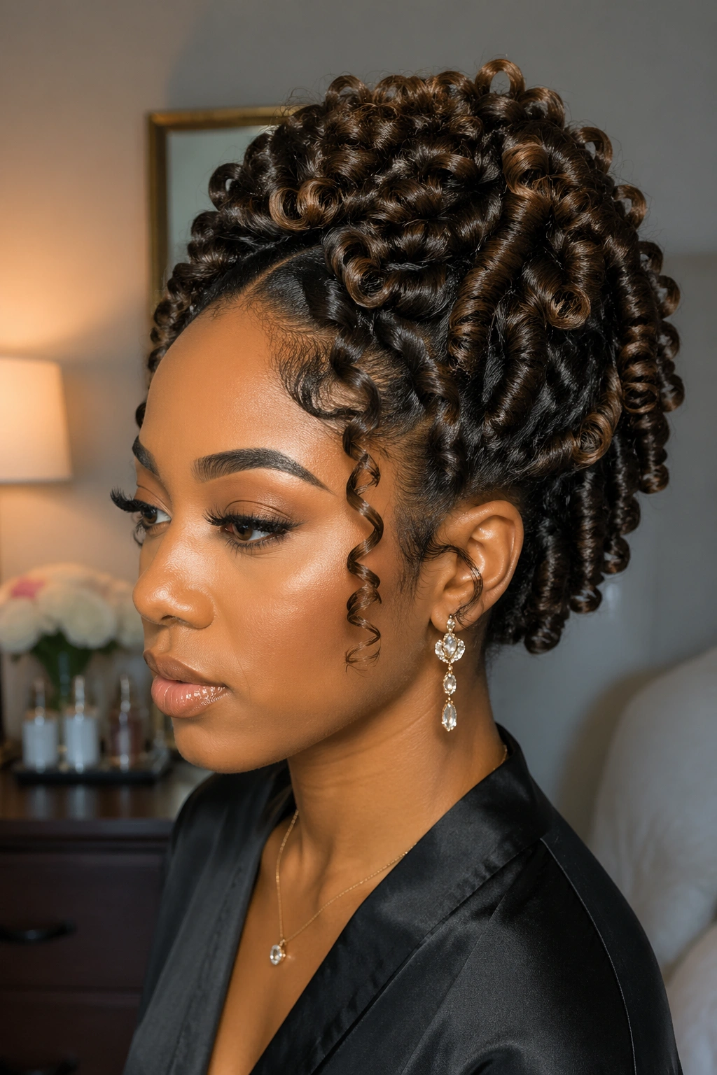 Close-up of a real person with finger coil updo and glossy coils.