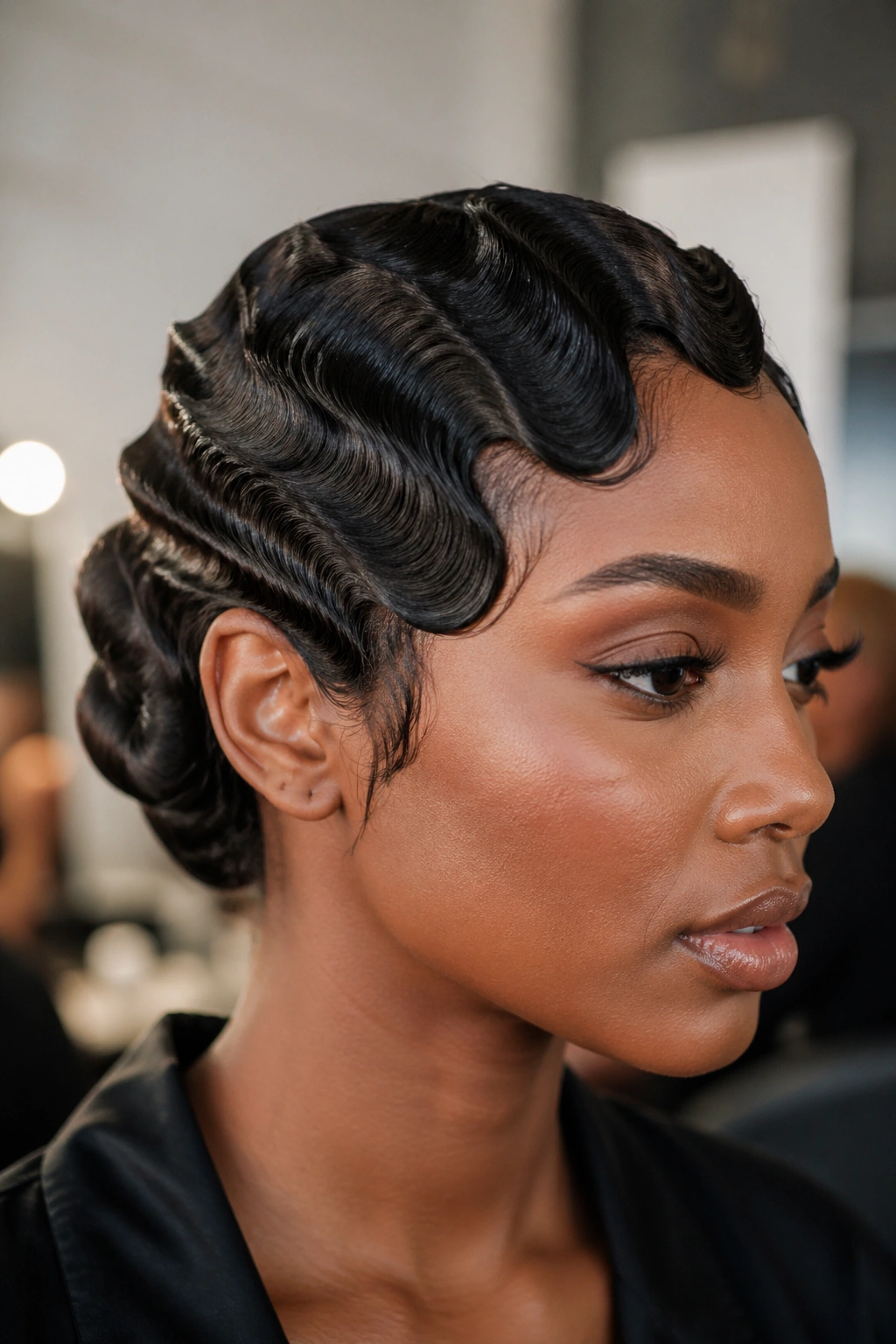Real woman with finger wave updo showing S-curve waves