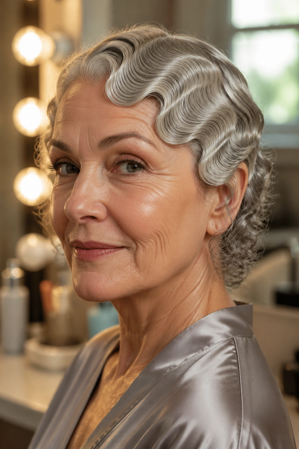 Close-up of a real woman with crisp finger waves on damp hair.