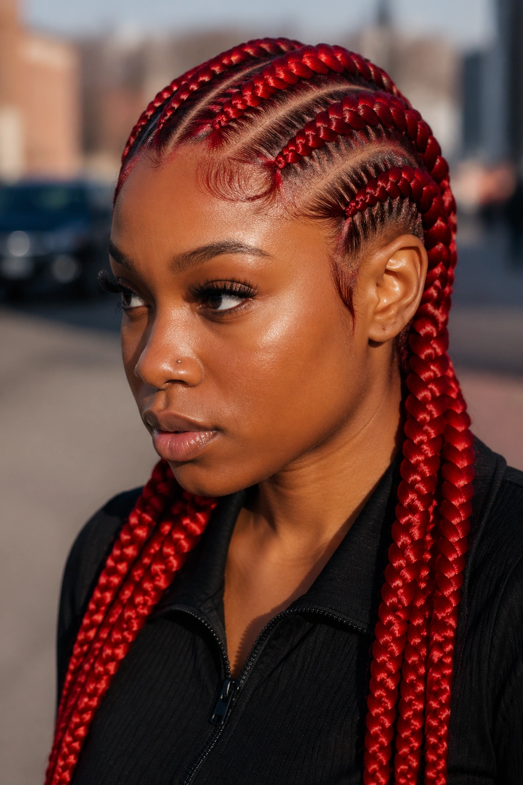 Close-up of a real person with jumbo-width fire red stitch cornrows