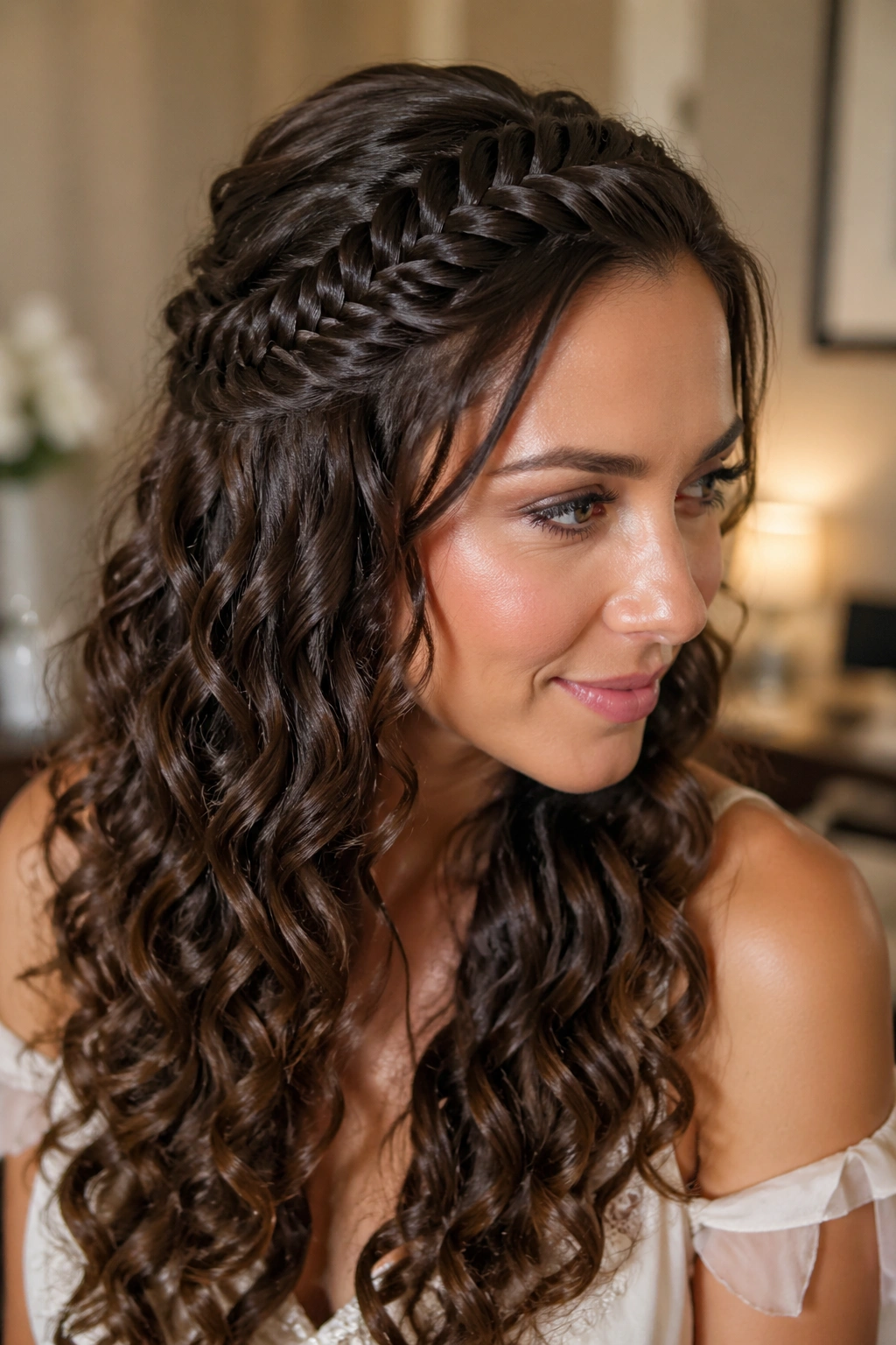 Real woman with fishtail half crown and glossy curls in wedding lighting