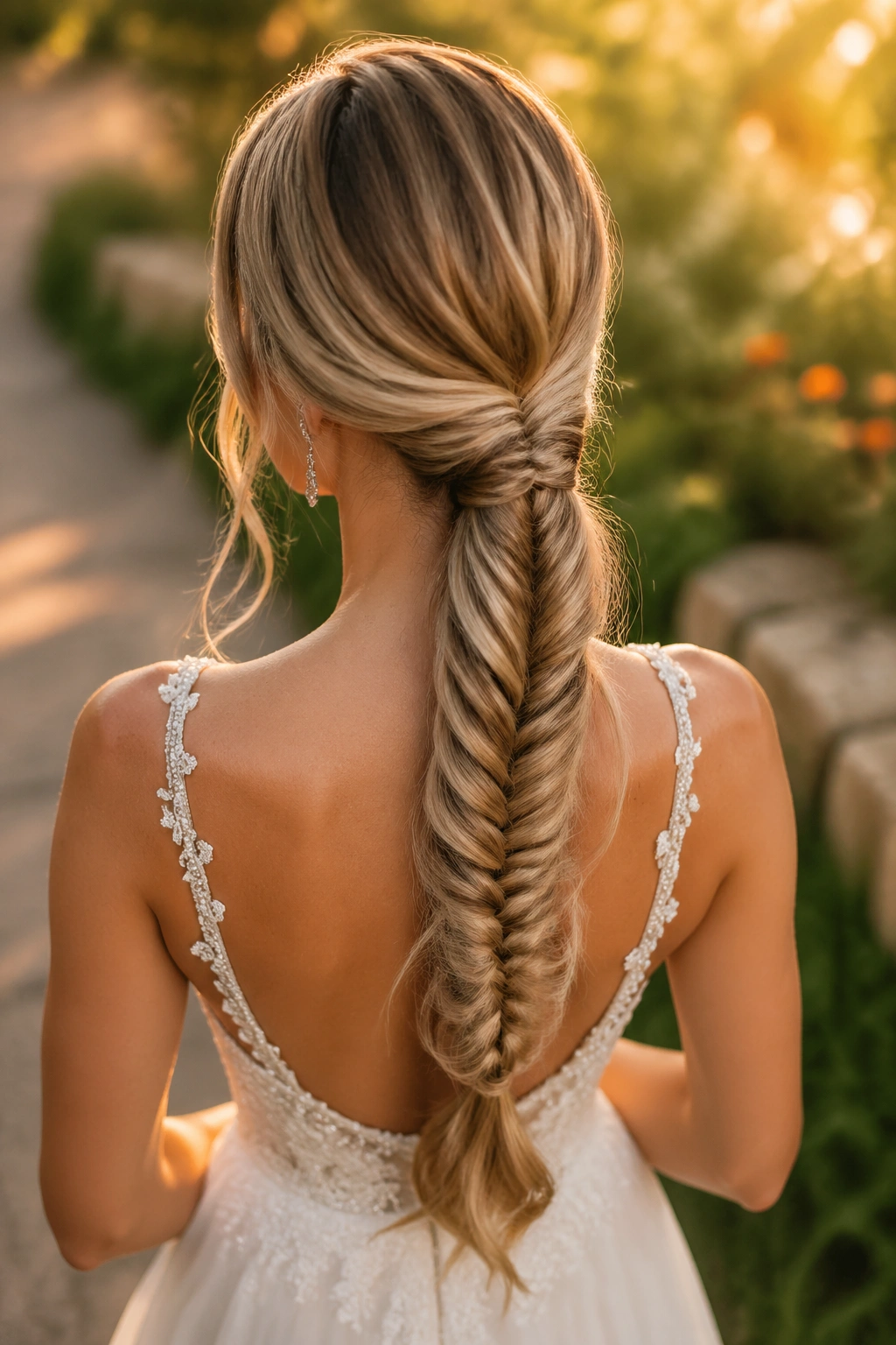 Back view of a real bride with a fishtail-braided ponytail in a garden setting.