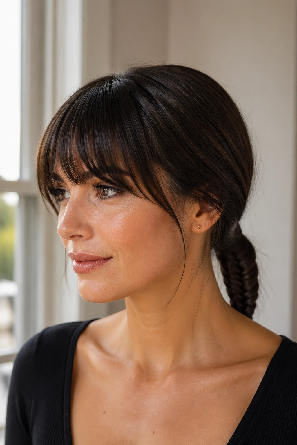 Close-up portrait of a real woman with a minimal low fishtail ponytail, clean middle part and bangs in natural window light
