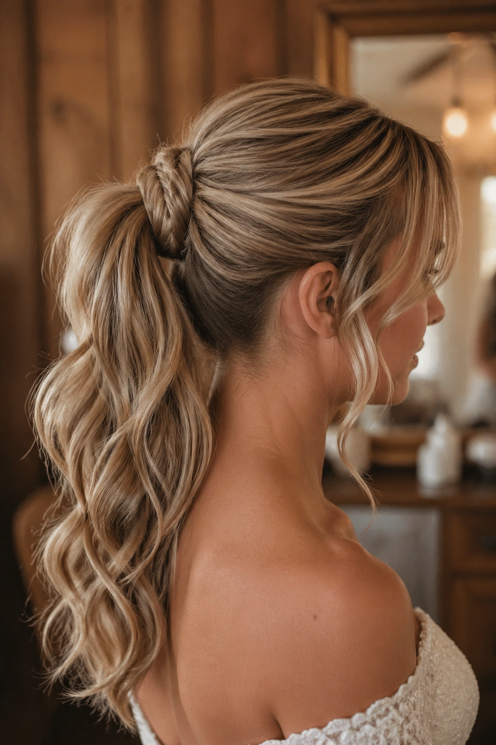 Close-up of a real bride with fishtail-wrapped bridal ponytail