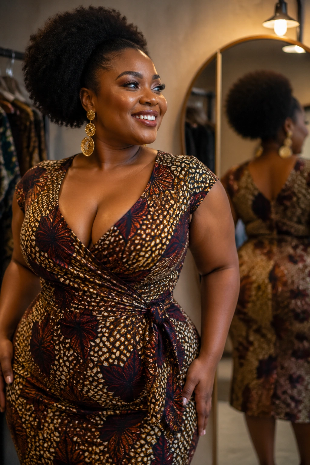 Real curvy woman wearing a well-fitted dress defining waist and bust