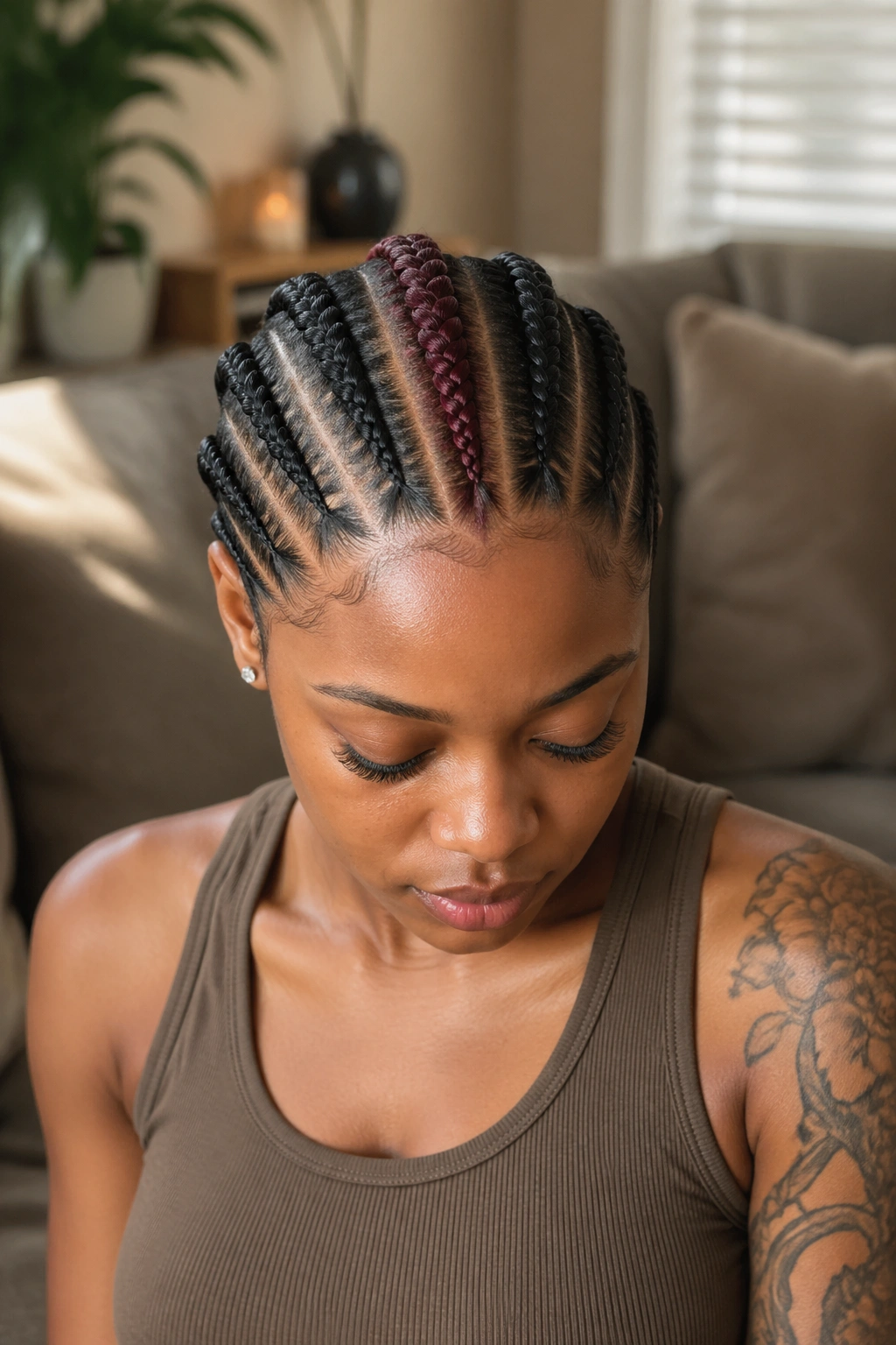 Close-up of five braids with a burgundy center braid