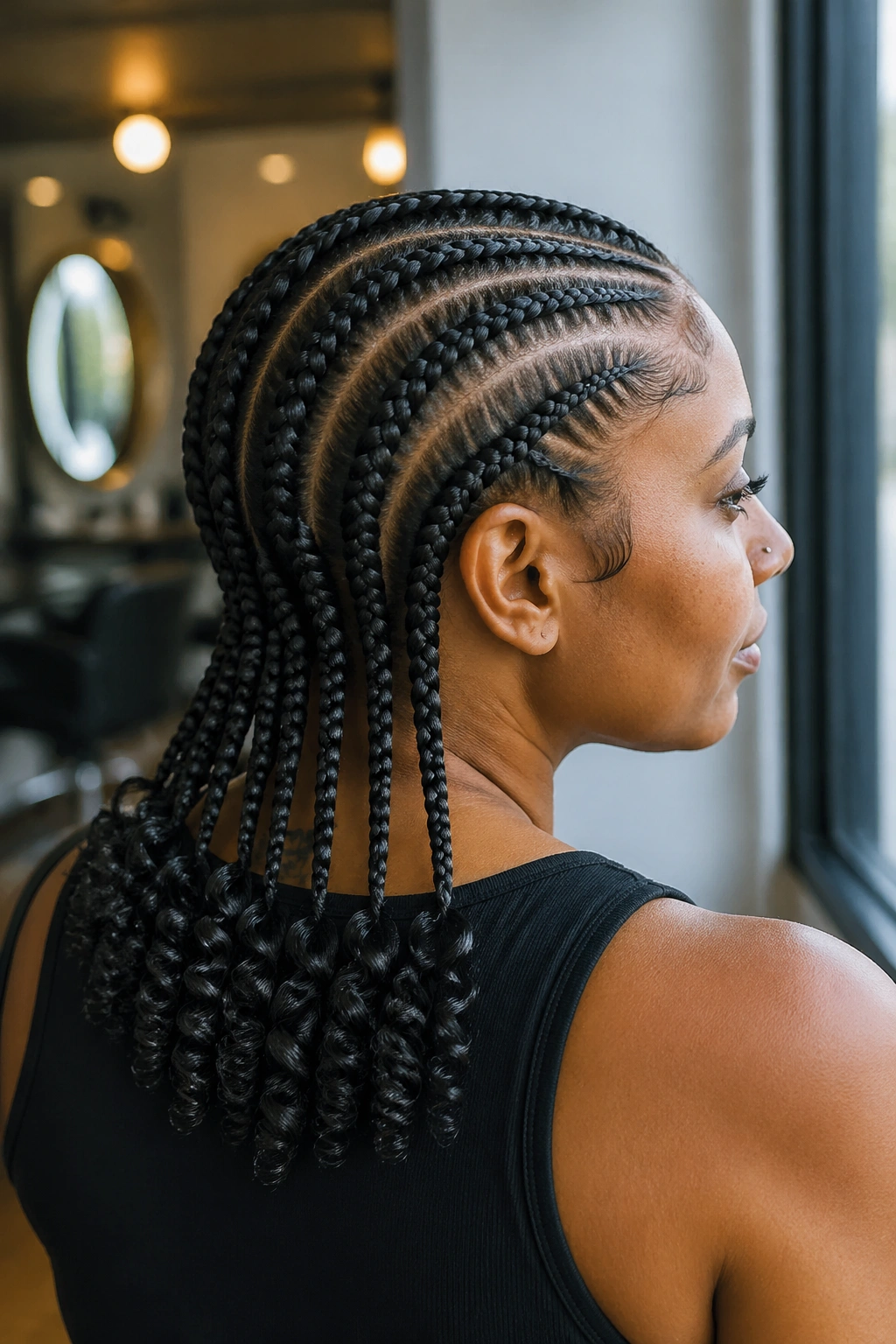 Close-up of five straight back braids with curly ends on a real woman's head