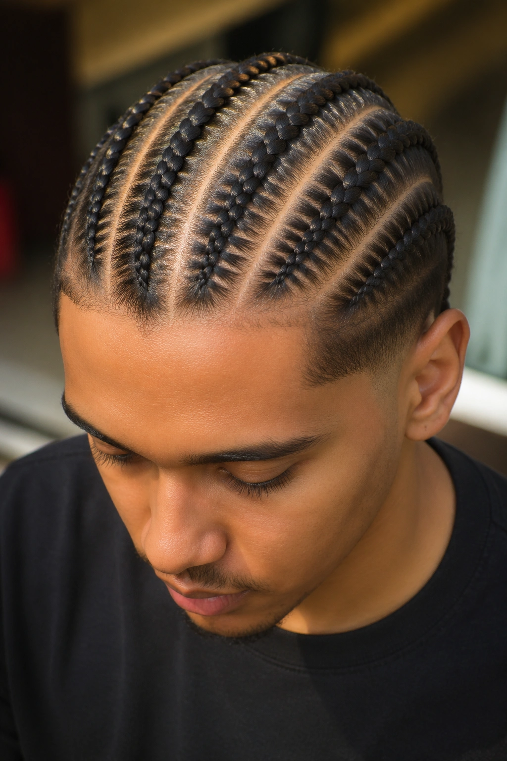 Five medium-width straight-back cornrows from forehead to nape