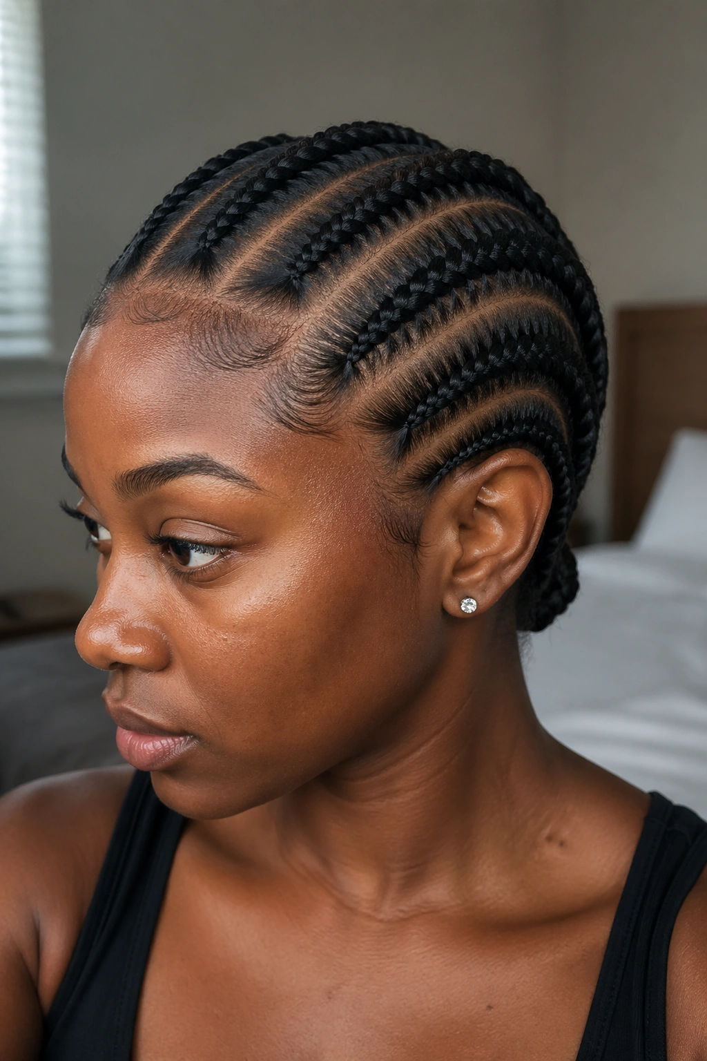 Close-up portrait of a real woman with five thick straight-back cornrows from hairline to nape in natural window light.