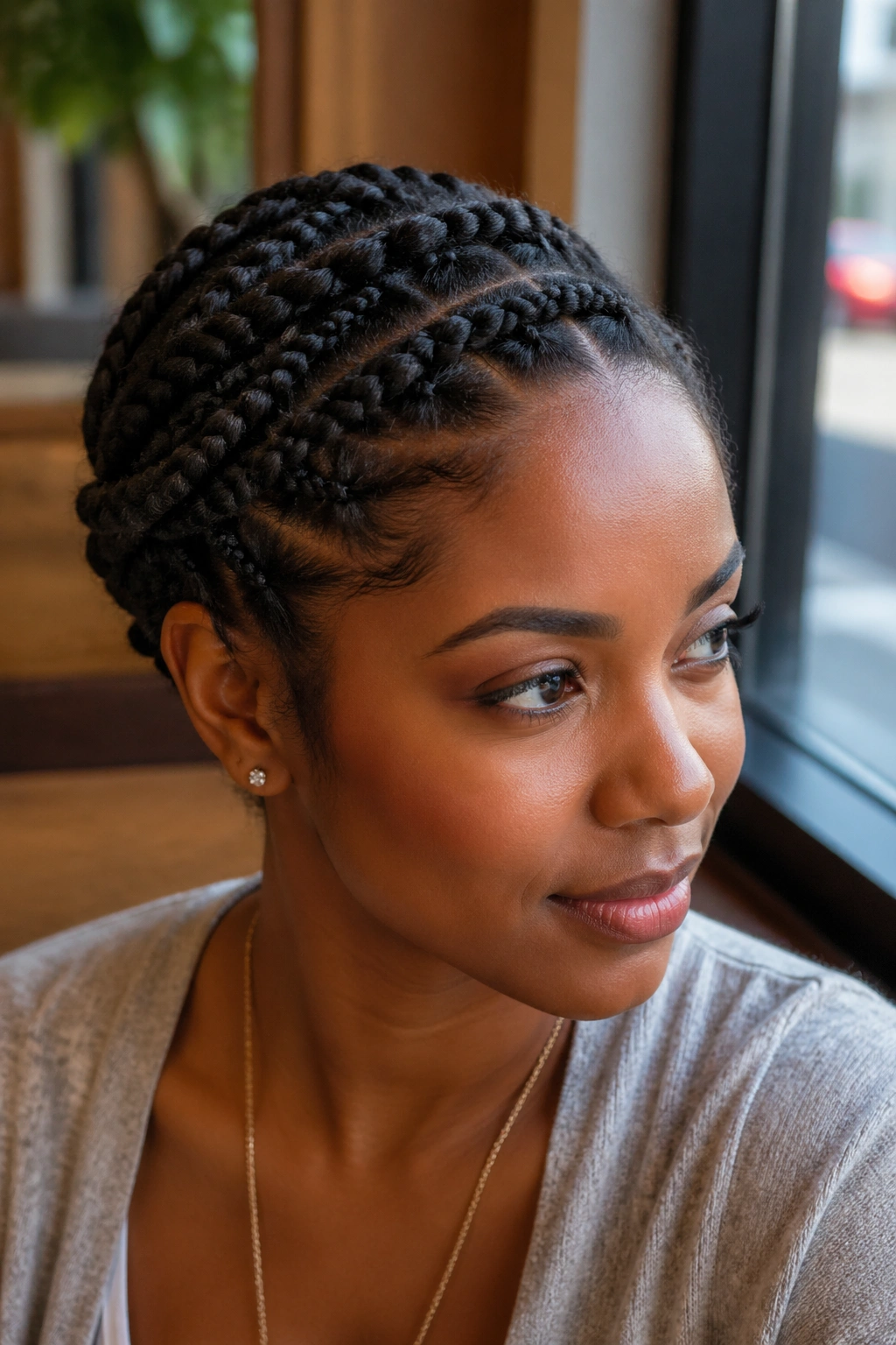 Close-up of a woman with a flat twist crown hairstyle