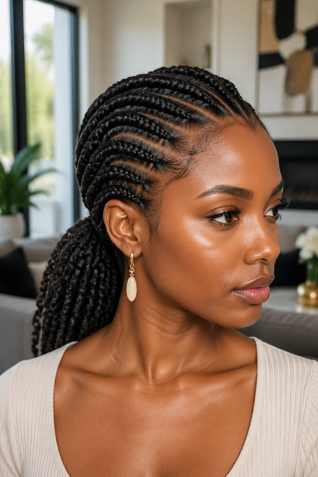 Close-up of a woman with flat twist crown flowing into a low ponytail